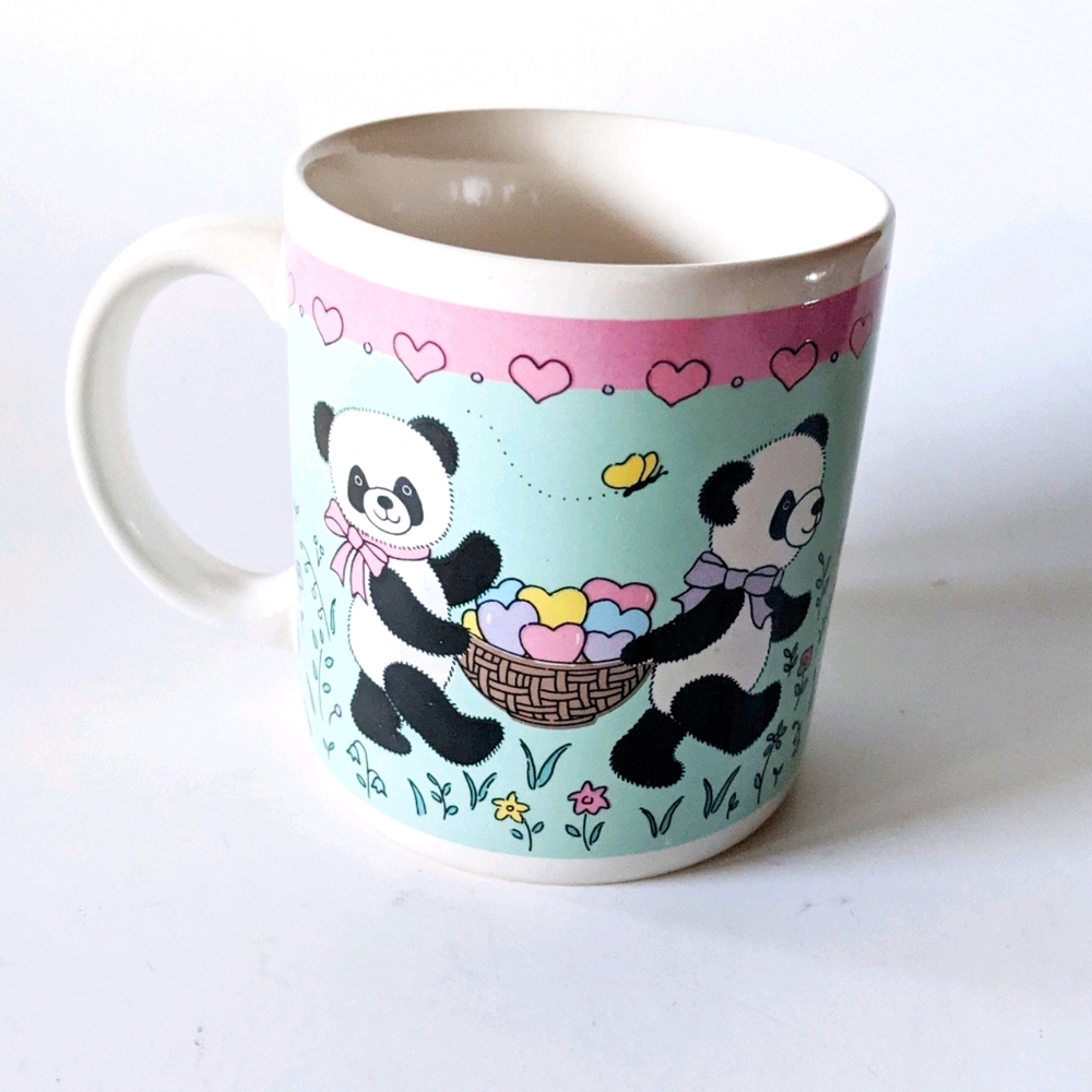 VTG KAWAII Pandas Pastel Flowers Hearts Mug
